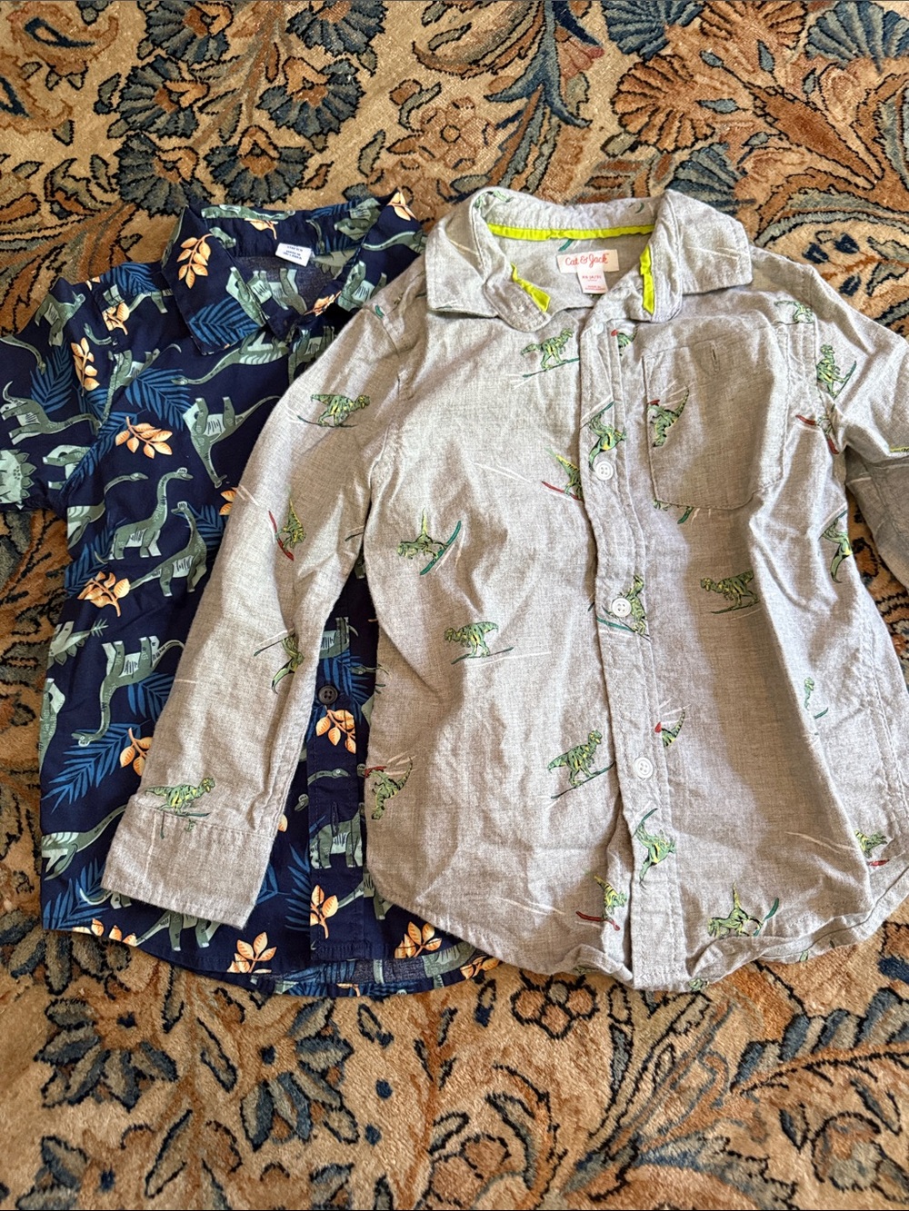 Long 2 Cat & Jack Boys' Gray Button-Down Shirt with Green Dino Prints